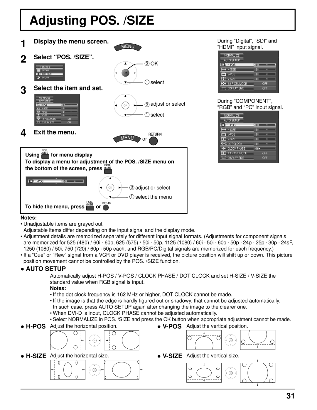 Panasonic TH 50VX100U manual Adjusting POS. /SIZE, Display the menu screen Select POS. /SIZE, Auto Setup, Pos, Size 