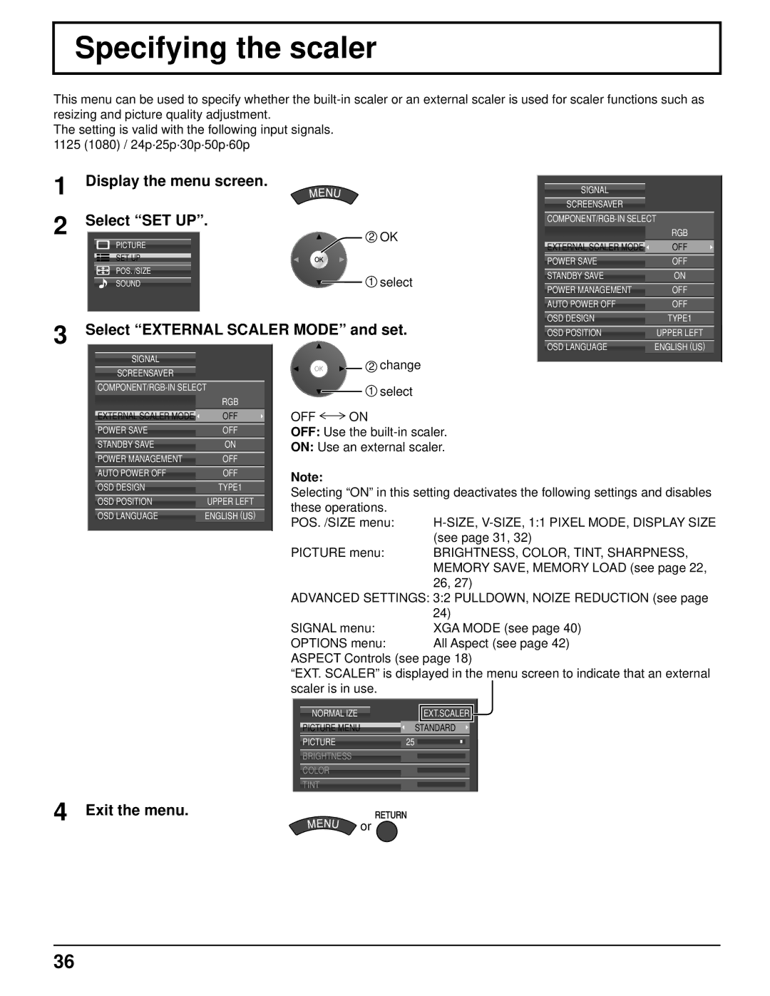 Panasonic TH 50VX100U manual Specifying the scaler, Select External Scaler Mode and set, BRIGHTNESS, COLOR, TINT, Sharpness 