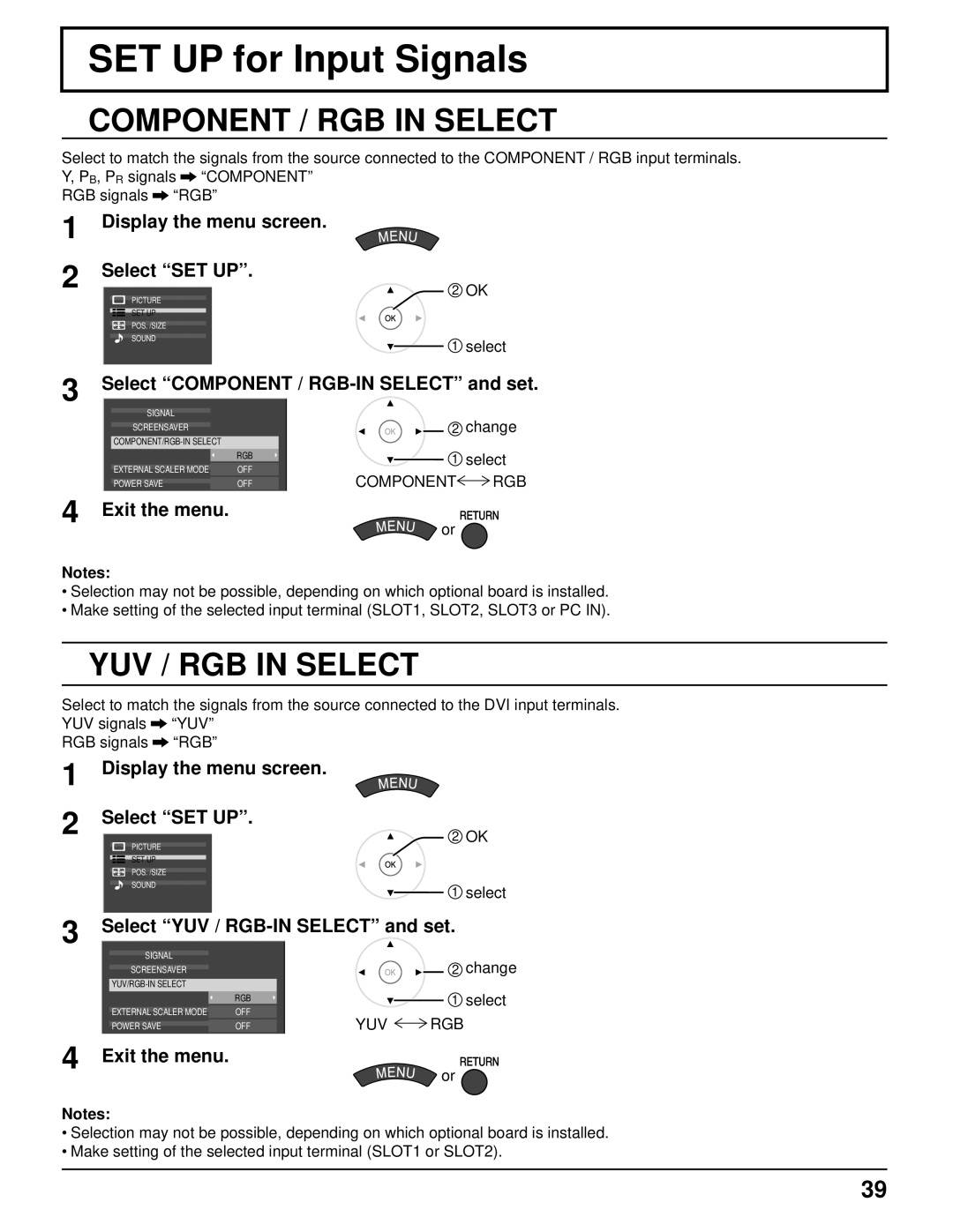 Panasonic TH 50VX100U manual SET UP for Input Signals, Select Component / RGB-IN Select and set 