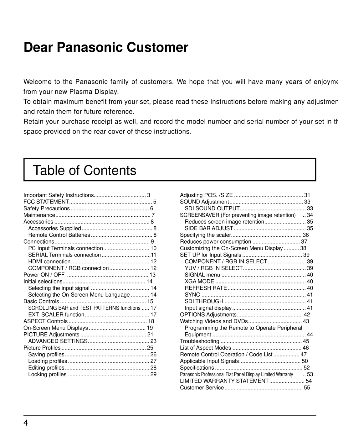 Panasonic TH 50VX100U manual Table of Contents 