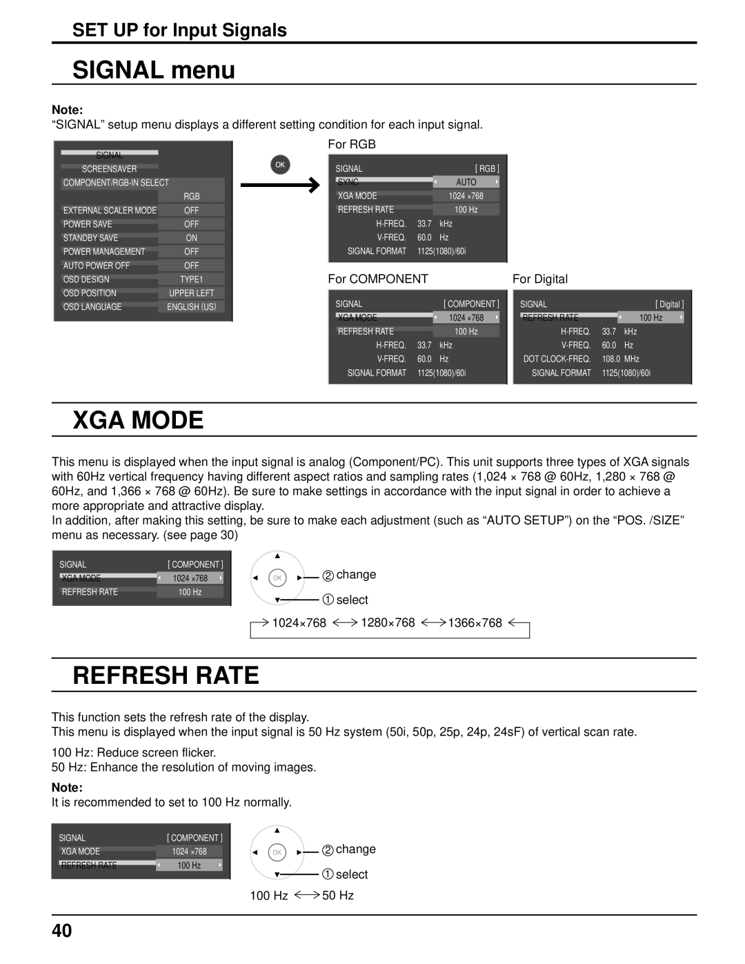 Panasonic TH 50VX100U manual Signal menu, SET UP for Input Signals, For RGB, For Component 