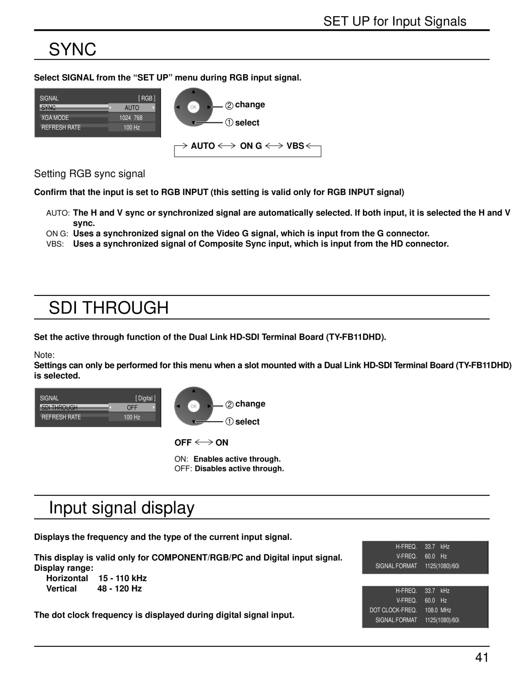 Panasonic TH 50VX100U manual Input signal display, Setting RGB sync signal, Auto on G VBS, OFF on 