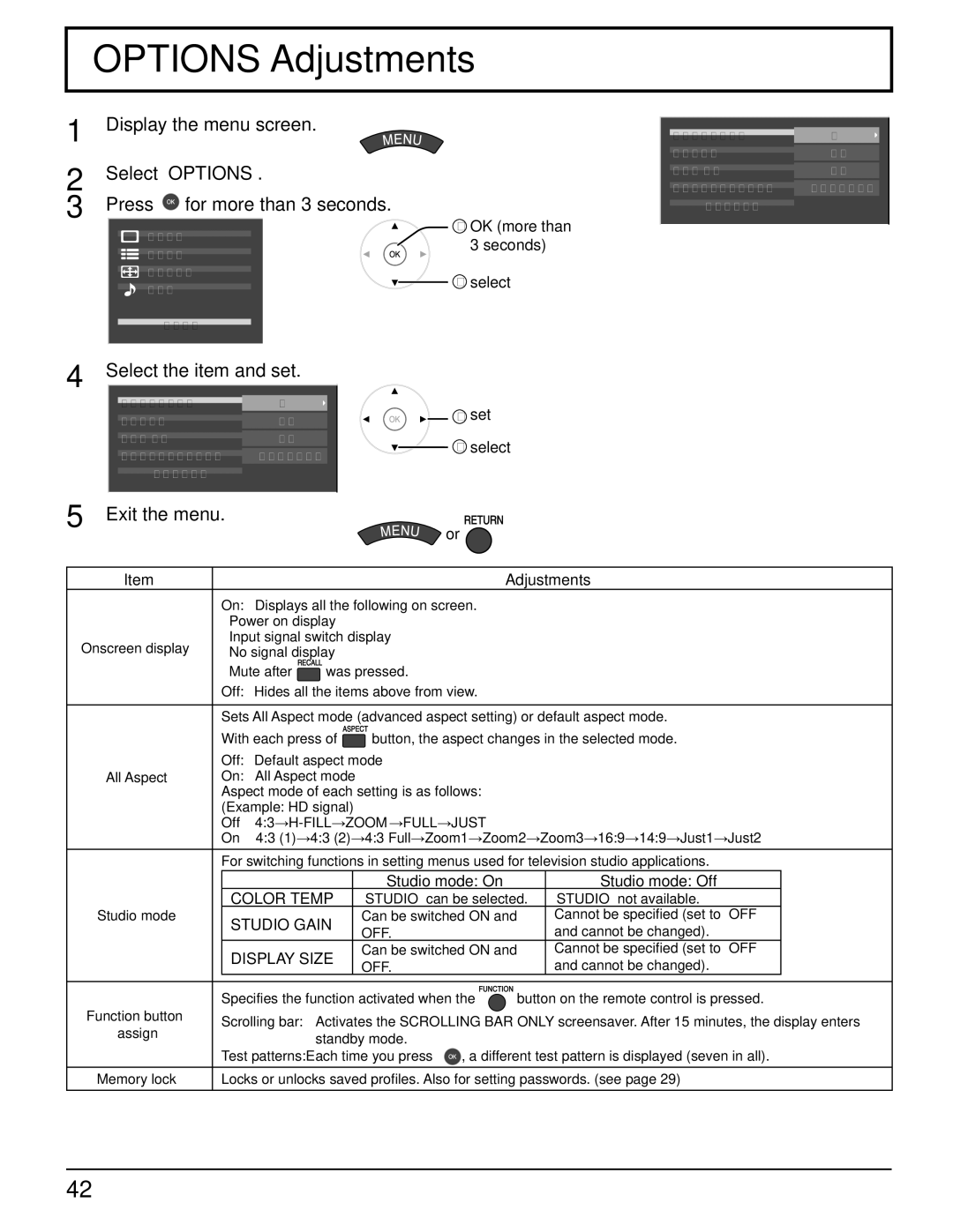 Panasonic TH 50VX100U manual Options Adjustments, Select Options, Press for more than 3 seconds 