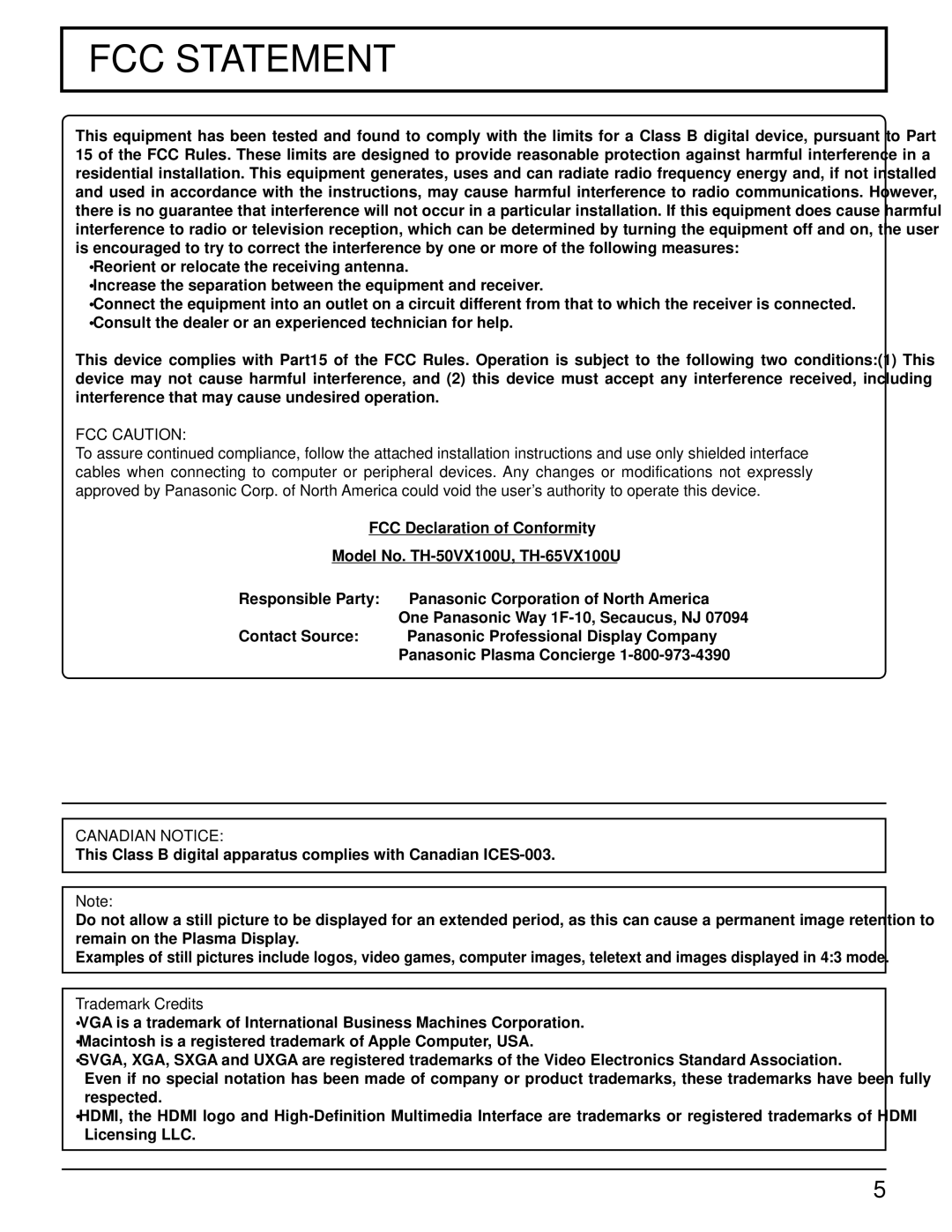 Panasonic TH 50VX100U manual FCC Caution, Canadian Notice, Trademark Credits 