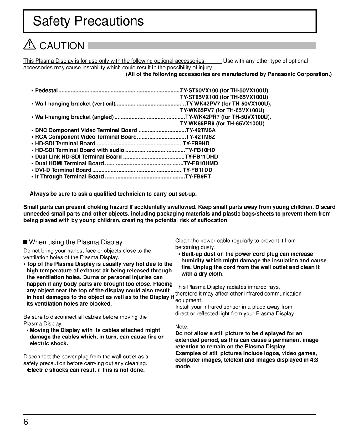 Panasonic TH 50VX100U manual Safety Precautions, When using the Plasma Display 