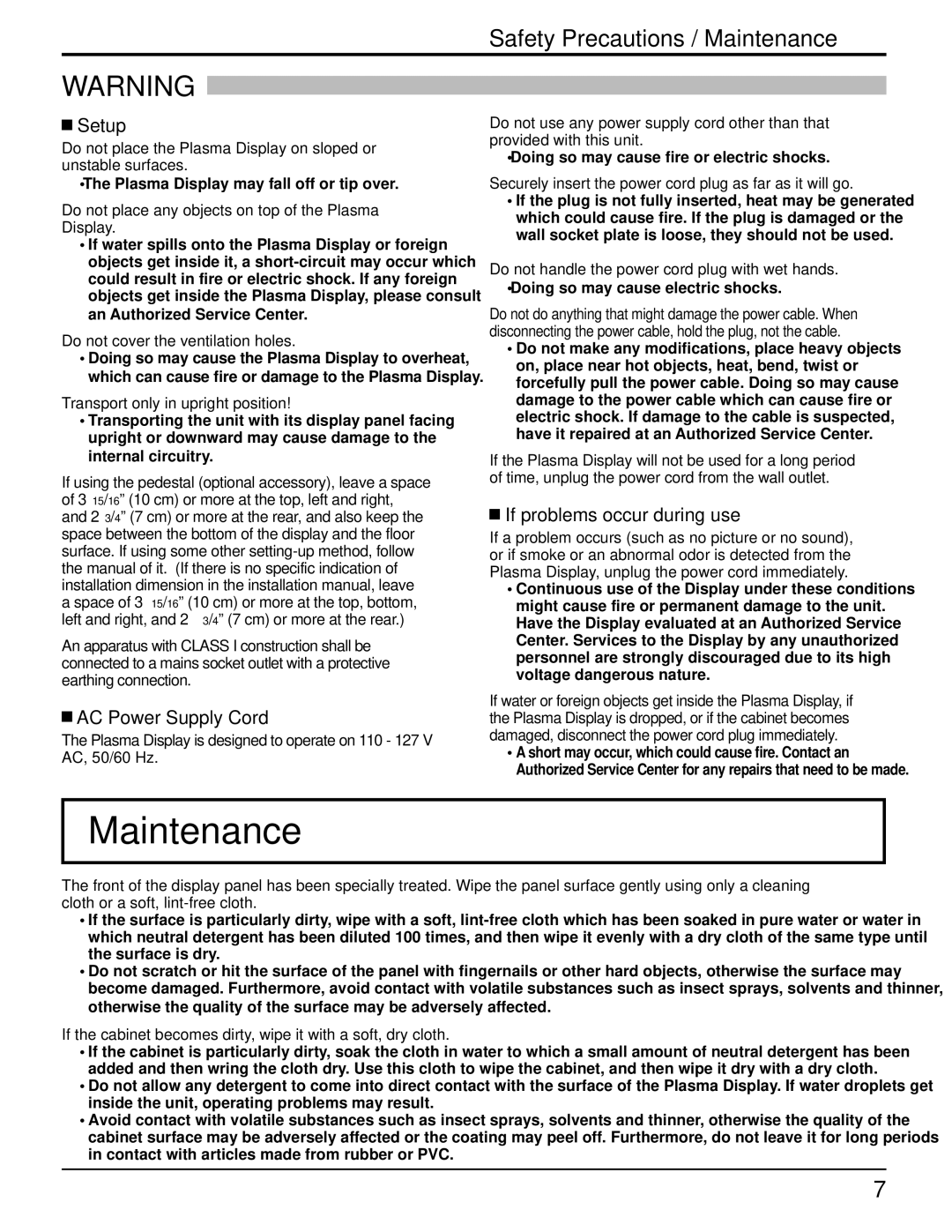 Panasonic TH 50VX100U Safety Precautions / Maintenance, Setup, AC Power Supply Cord, If problems occur during use 