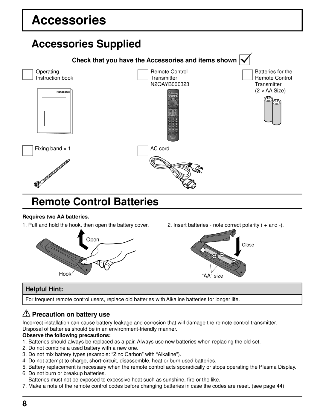 Panasonic TH 50VX100U manual Accessories Supplied, Remote Control Batteries 