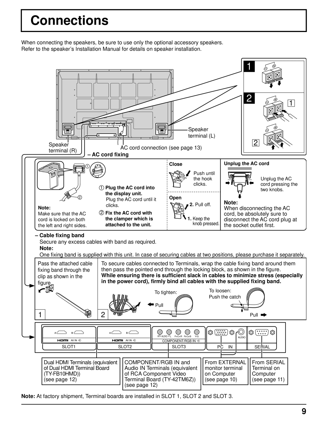 Panasonic TH 50VX100U manual Connections, AC cord fixing, Cable fixing band 