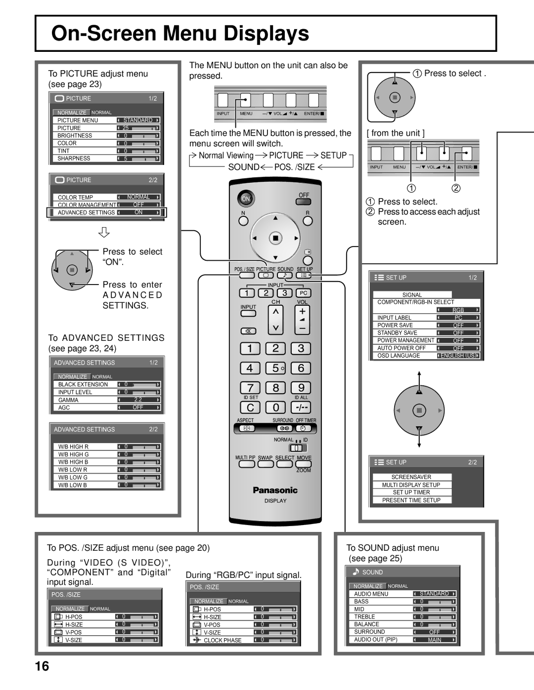 Panasonic TH-58PH10UK, TH-37PH10UK, TH-50PH10UK, TH-42PH10UK manual On-Screen Menu Displays, VA N C E D Settings 