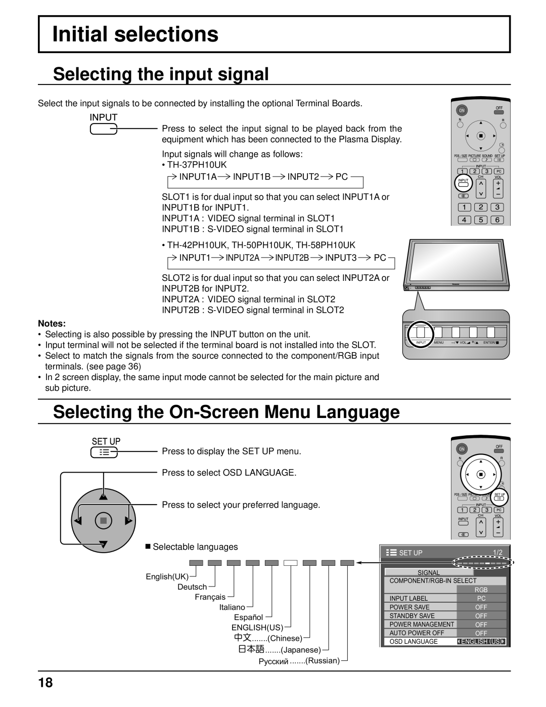 Panasonic TH-50PH10UK, TH-58PH10UK Initial selections, Selecting the input signal, Selecting the On-Screen Menu Language 