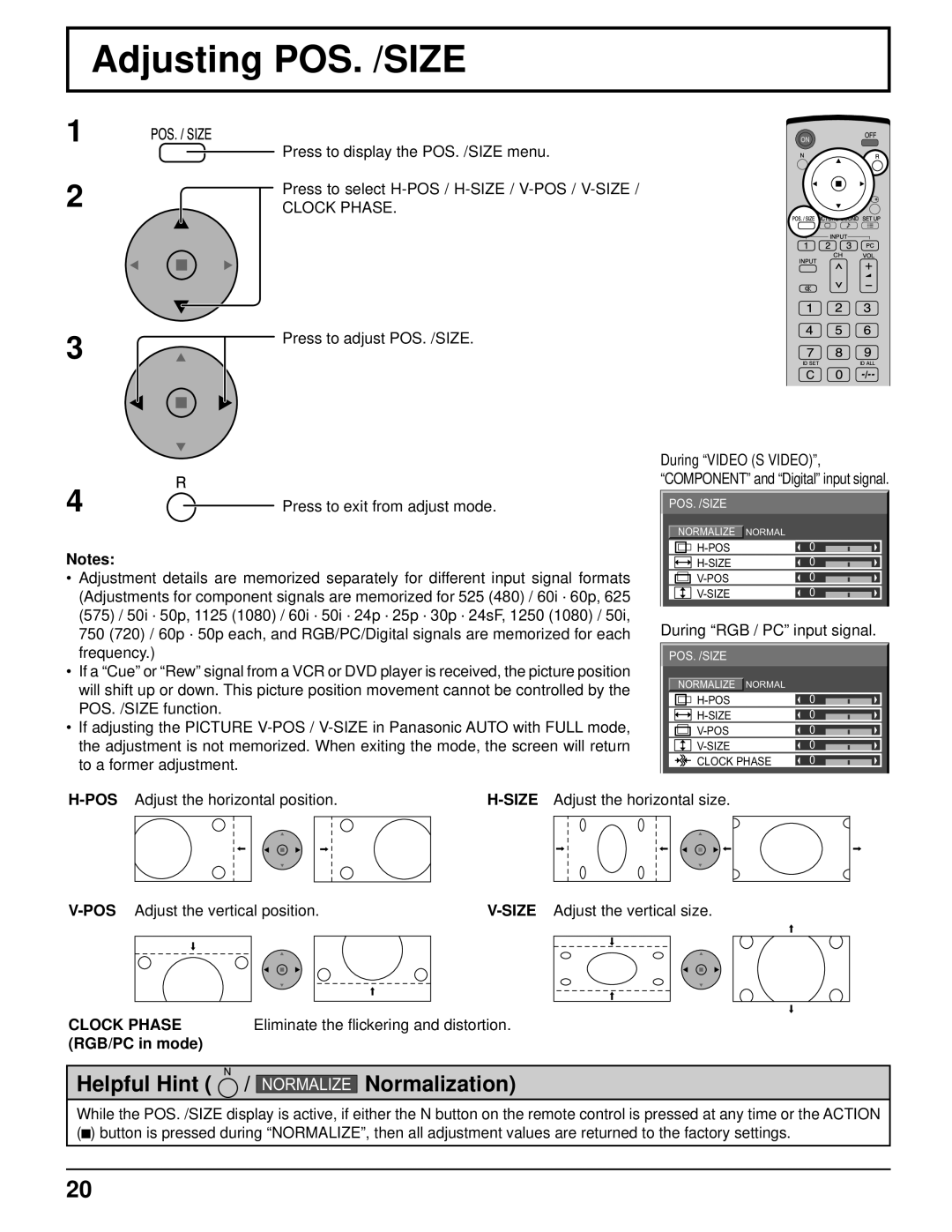 Panasonic TH-58PH10UK manual Adjusting POS. /SIZE, Clock Phase, Eliminate the ﬂickering and distortion, RGB/PC in mode 