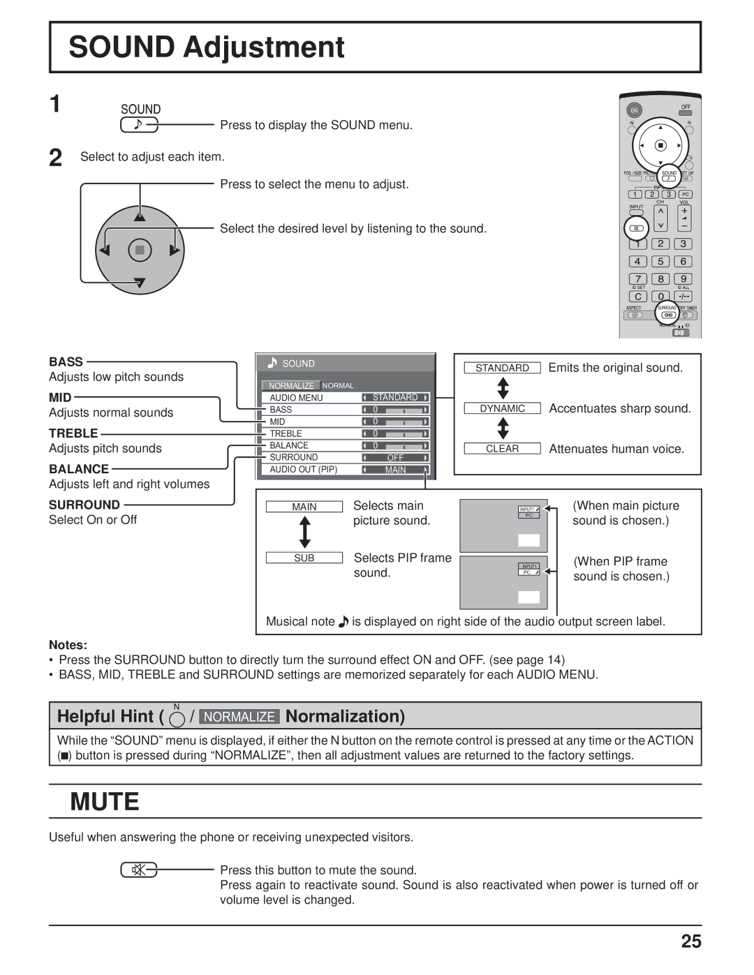 Panasonic TH-37PH10UK, TH-58PH10UK, TH-50PH10UK, TH-42PH10UK manual Sound Adjustment, Mute 