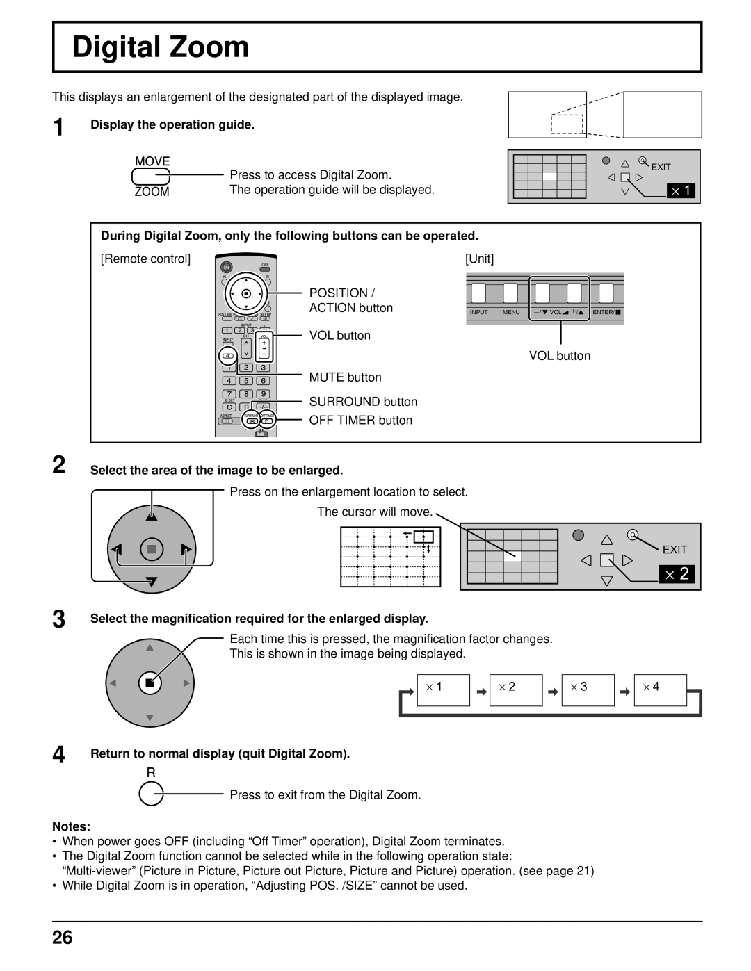 Panasonic TH-50PH10UK, TH-58PH10UK Display the operation guide, Position, Return to normal display quit Digital Zoom 