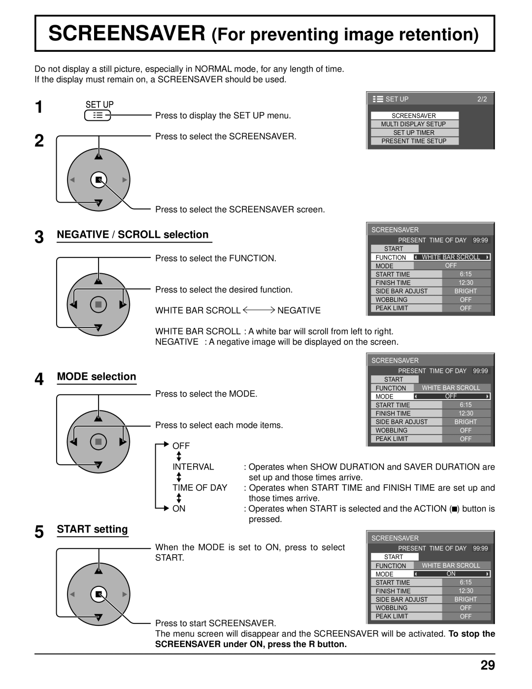 Panasonic TH-37PH10UK Screensaver For preventing image retention, Negative / Scroll selection, Mode selection, To stop 