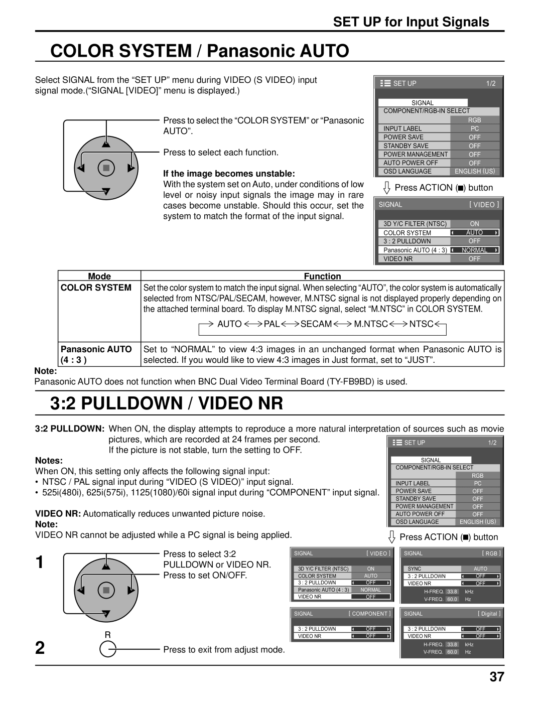 Panasonic TH-37PH10UK, TH-58PH10UK manual Color System / Panasonic Auto, Pulldown / Video NR, SET UP for Input Signals 