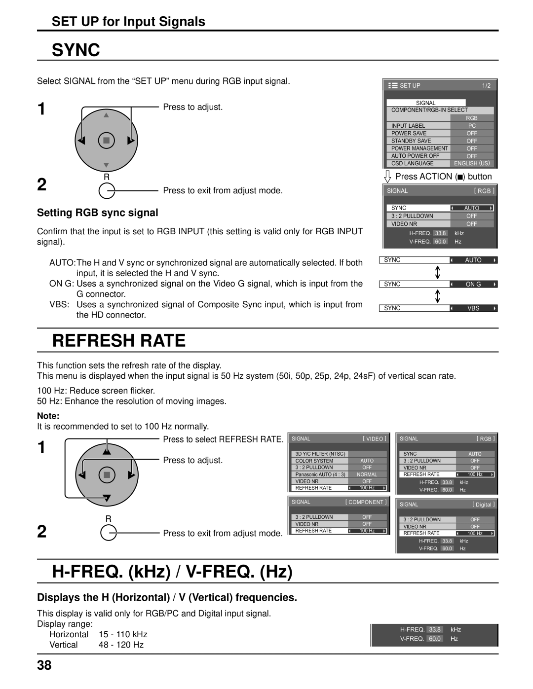 Panasonic TH-50PH10UK, TH-58PH10UK, TH-37PH10UK manual Sync, Refresh Rate, FREQ. kHz / V-FREQ. Hz, Setting RGB sync signal 