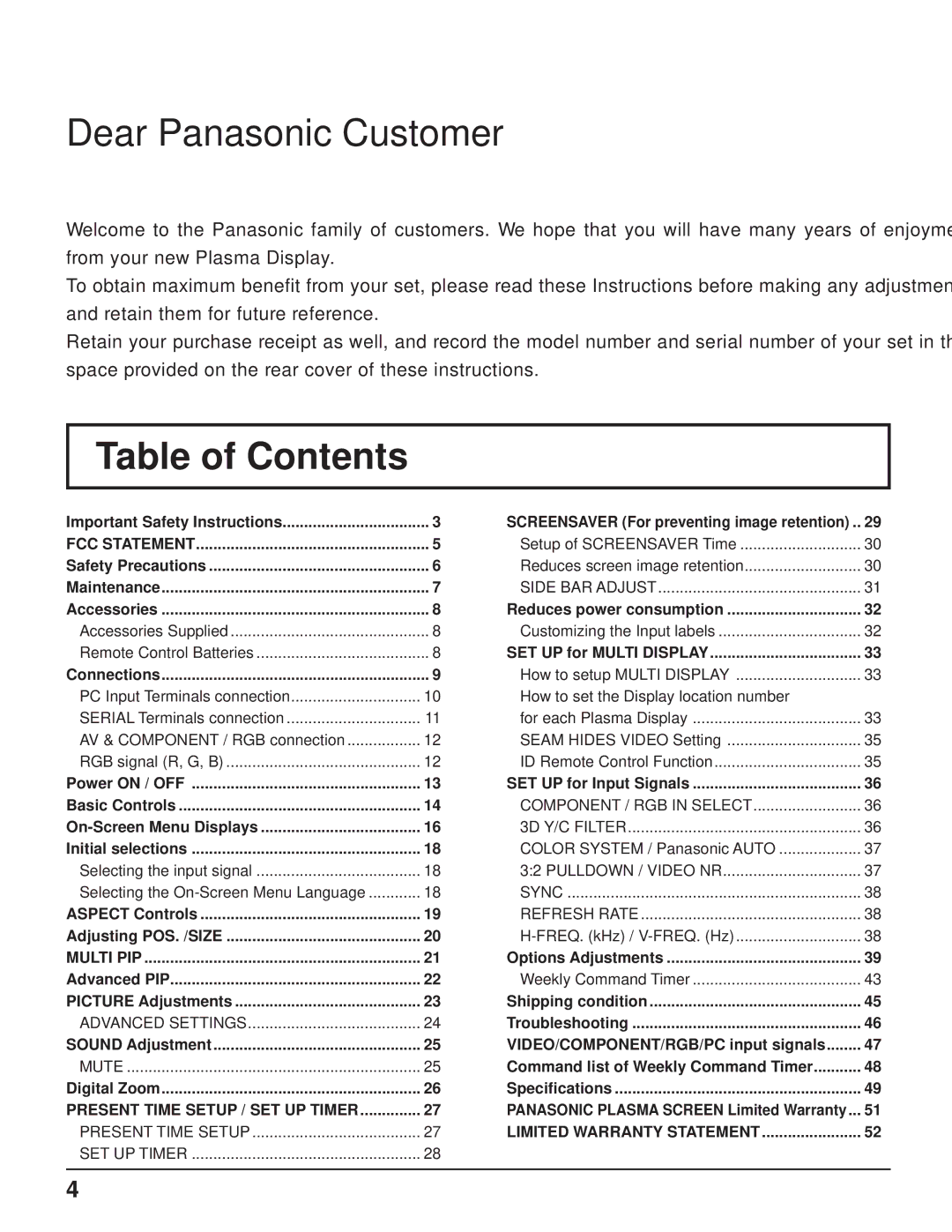 Panasonic TH-58PH10UK, TH-37PH10UK, TH-50PH10UK, TH-42PH10UK manual Table of Contents 