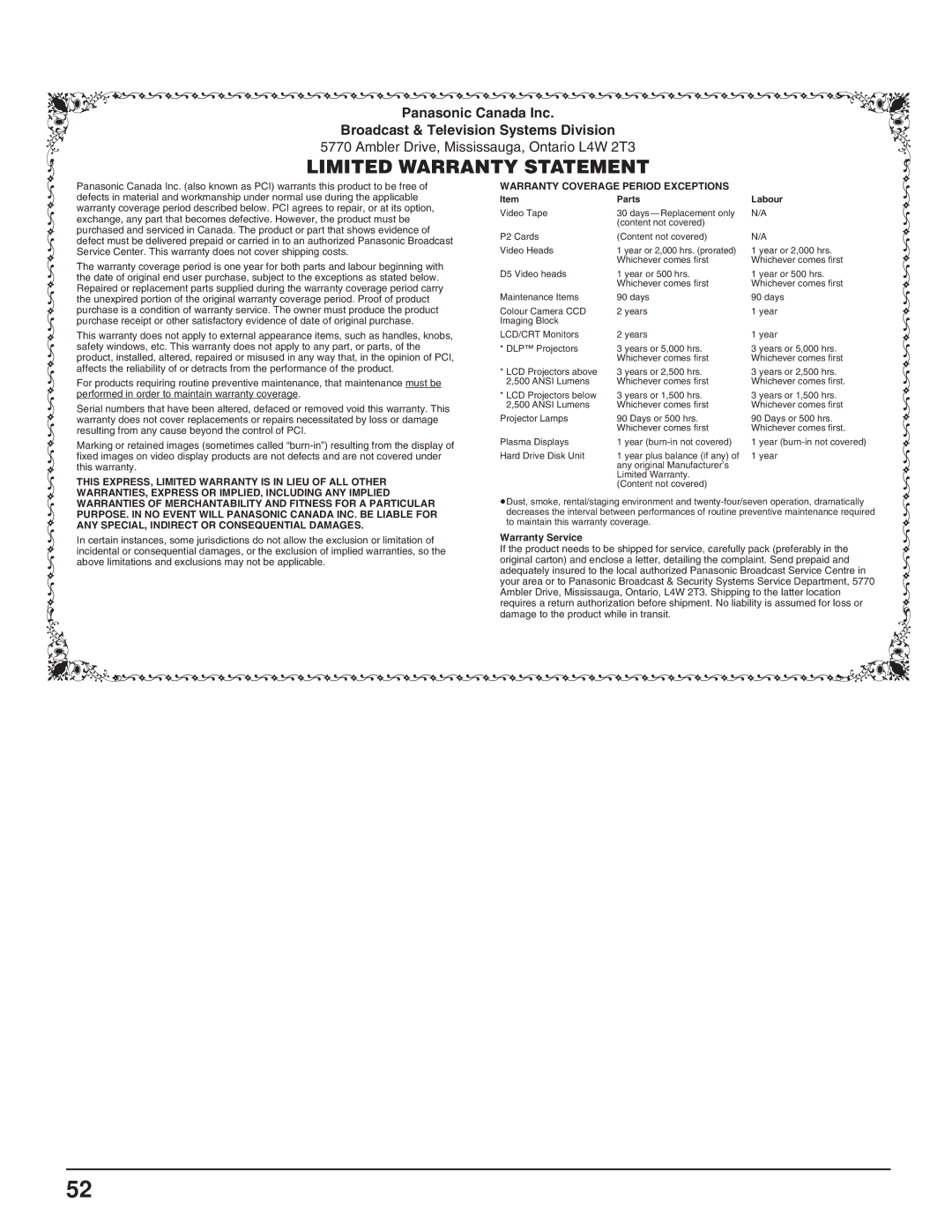 Panasonic TH-58PH10UK, TH-37PH10UK, TH-50PH10UK, TH-42PH10UK manual Limited Warranty Statement 