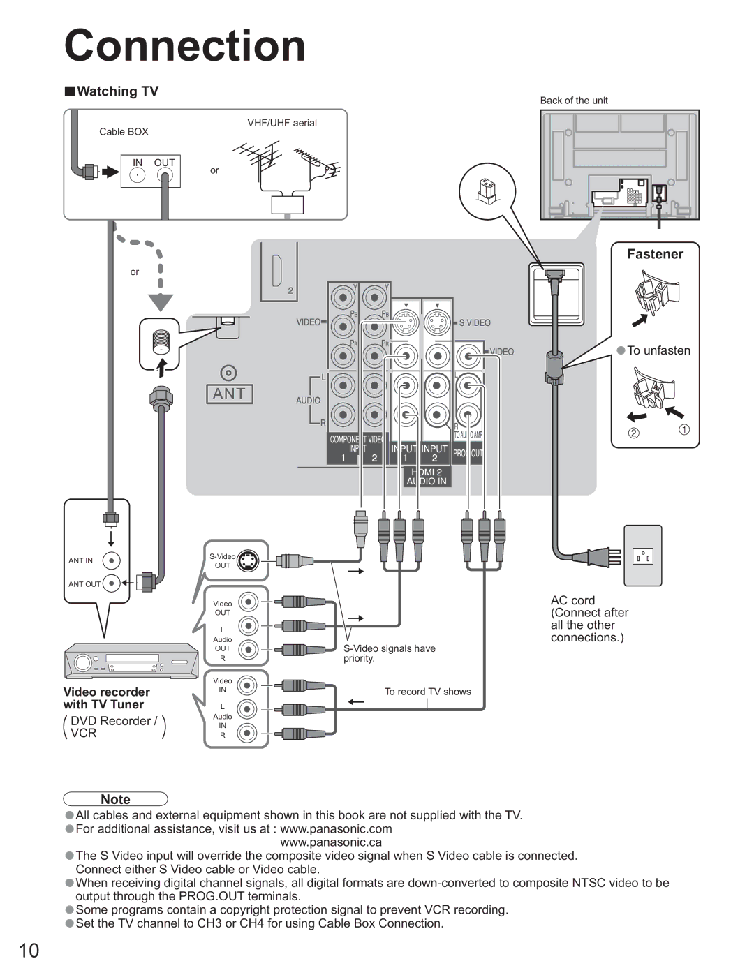 Panasonic TH-58PX25 operating instructions Connection, Watching TV, Fastener, Video recorder, With TV Tuner 