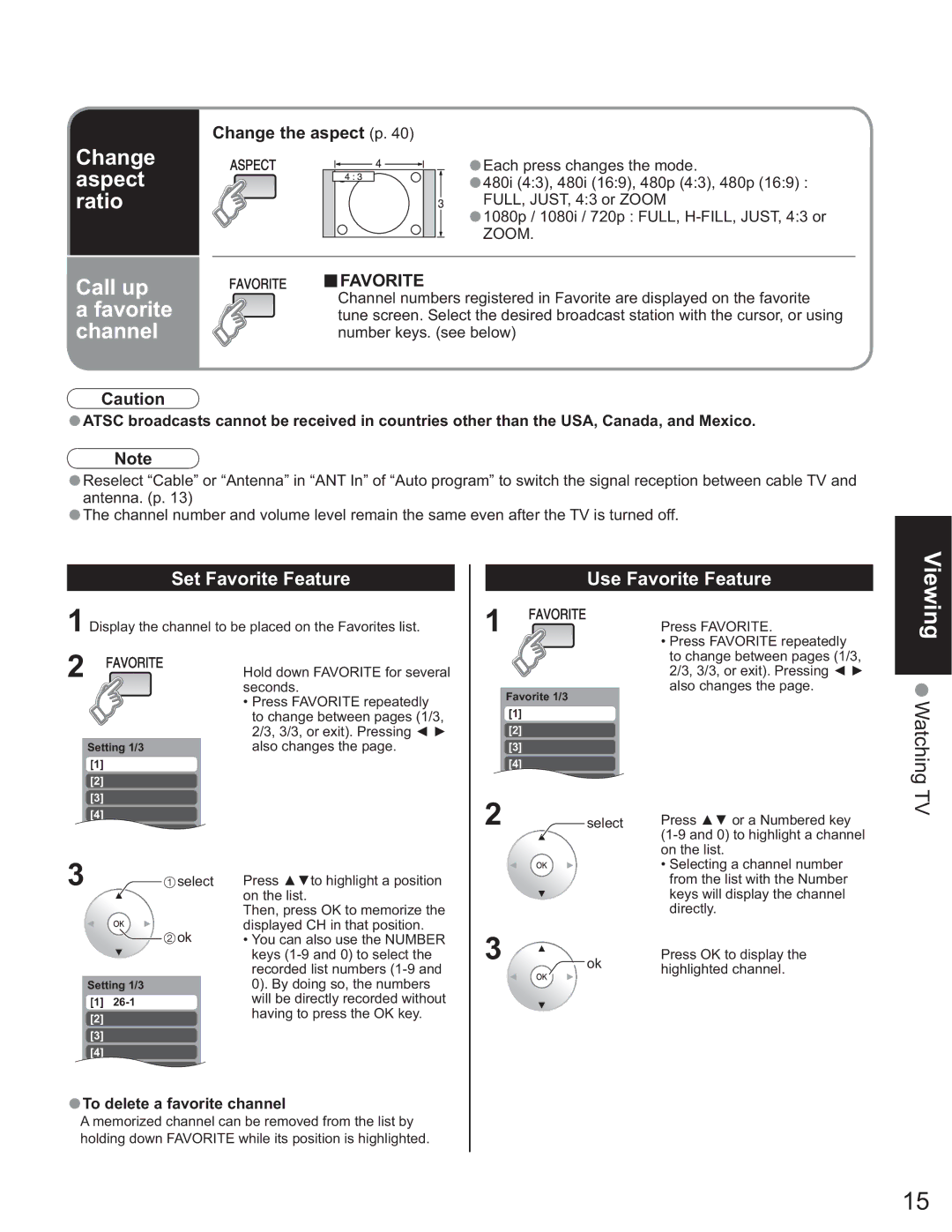 Panasonic TH-58PX25 Change aspect ratio Call up Favorite channel, Set Favorite Feature Use Favorite Feature 