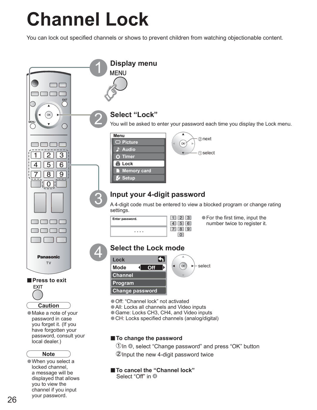 Panasonic TH-58PX25 Channel Lock, Display menu Select Lock, Input your 4-digit password, Select the Lock mode 