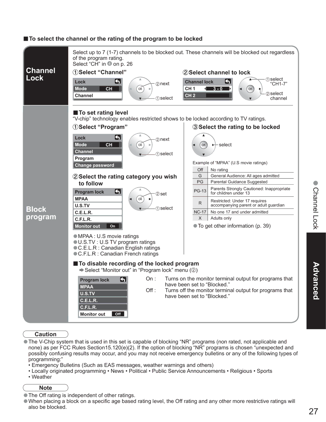 Panasonic TH-58PX25 operating instructions Channel, Lock, Block, Program 