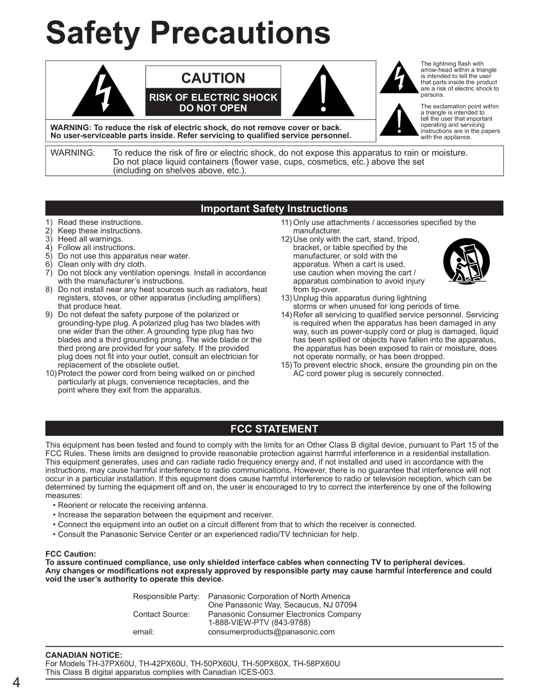 Panasonic TH-58PX25 operating instructions Safety Precautions, Important Safety Instructions 