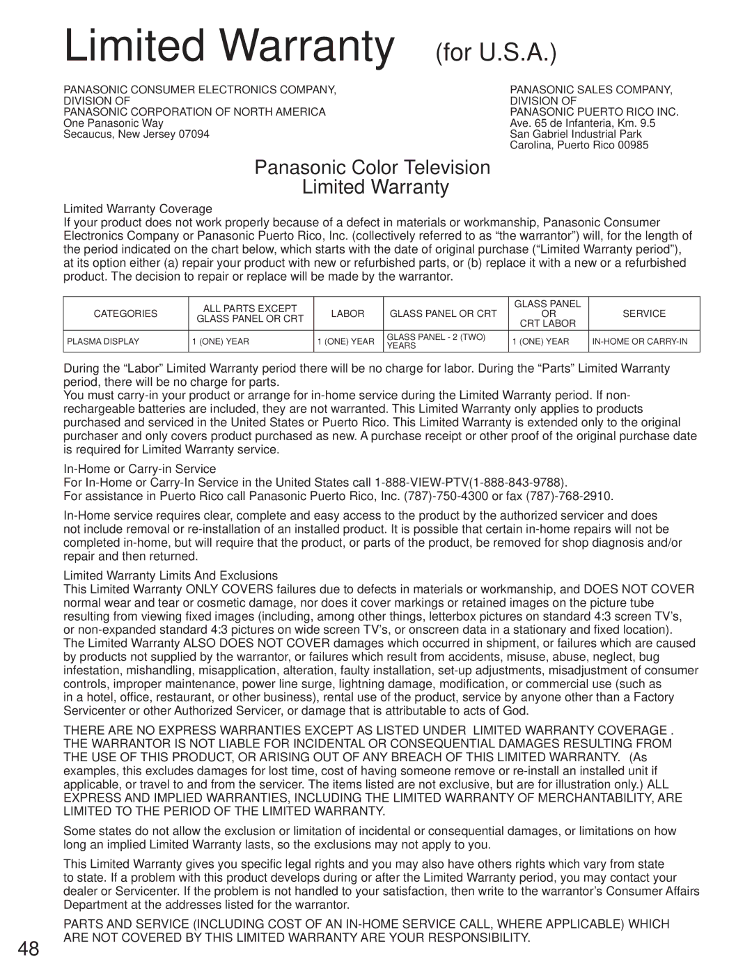 Panasonic TH-58PX25 Limited Warranty for U.S.A, Limited Warranty Coverage, In-Home or Carry-in Service 