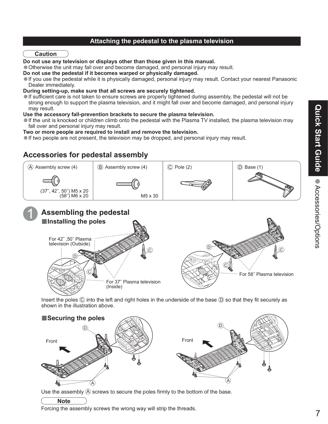 Panasonic TH-58PX25 operating instructions Accessories for pedestal assembly, Assembling the pedestal 