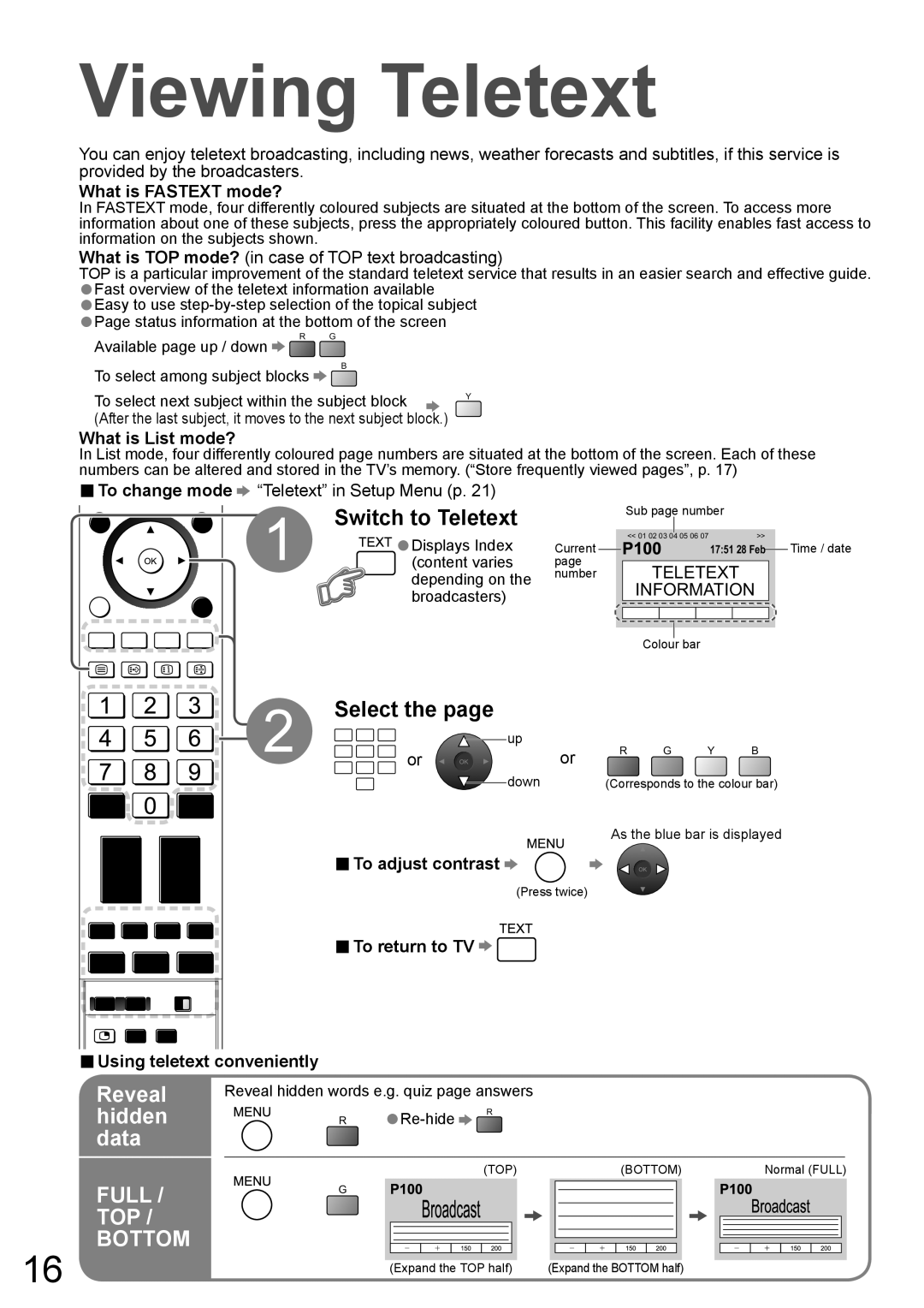 Panasonic TH-58PZ700A operating instructions Viewing Teletext, Reveal, Hidden, Data 