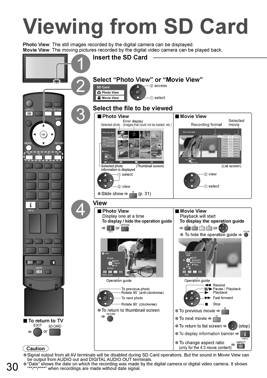 Panasonic TH-58PZ700A Viewing from SD Card, Insert the SD Card, Photo View Movie View, To display the operation guide 