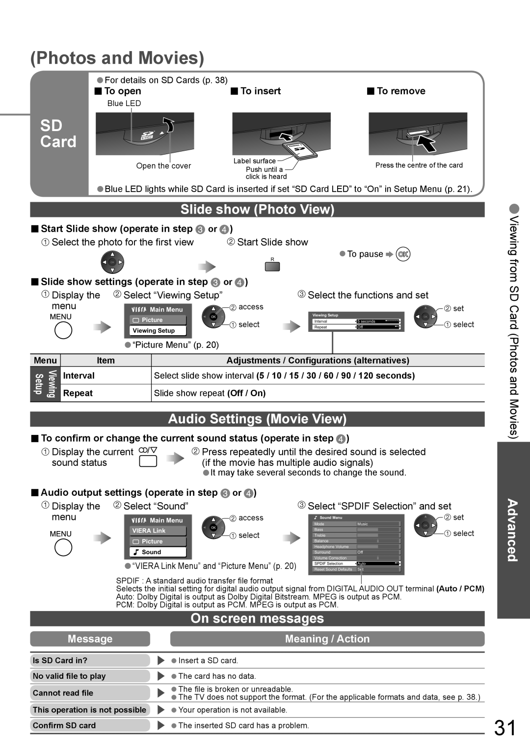 Panasonic TH-58PZ700A operating instructions Slide show Photo View, Audio Settings Movie View, On screen messages 