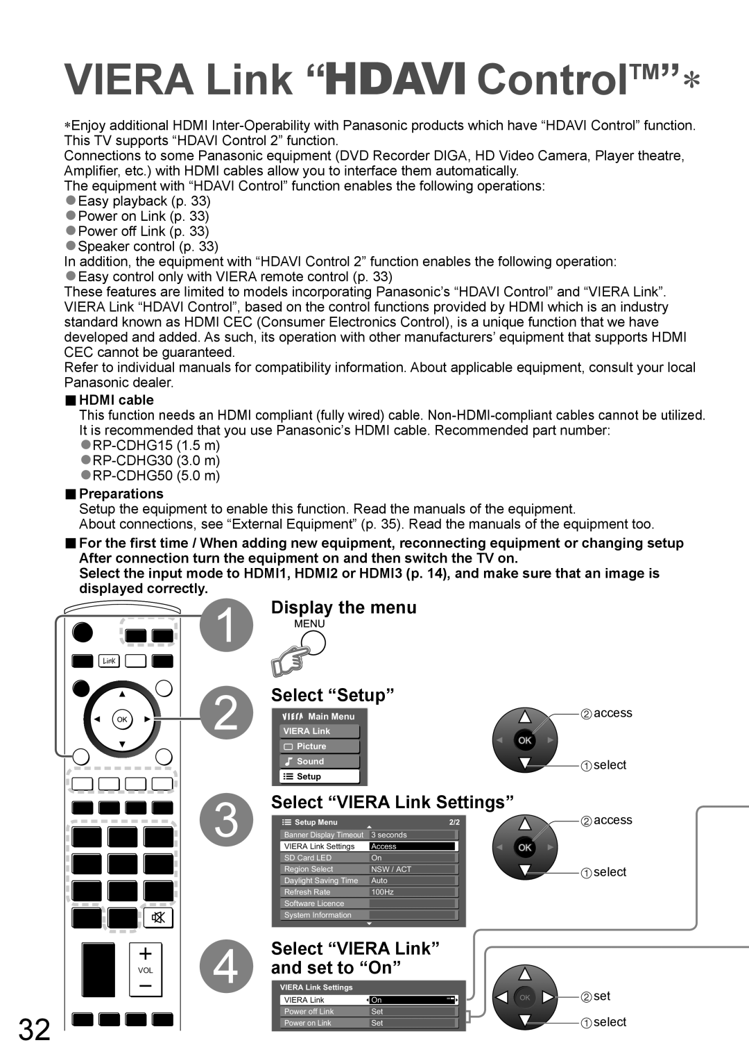 Panasonic TH-58PZ700A Select Viera Link Settings, Select Viera Link and set to On, Hdmi cable, Preparations 