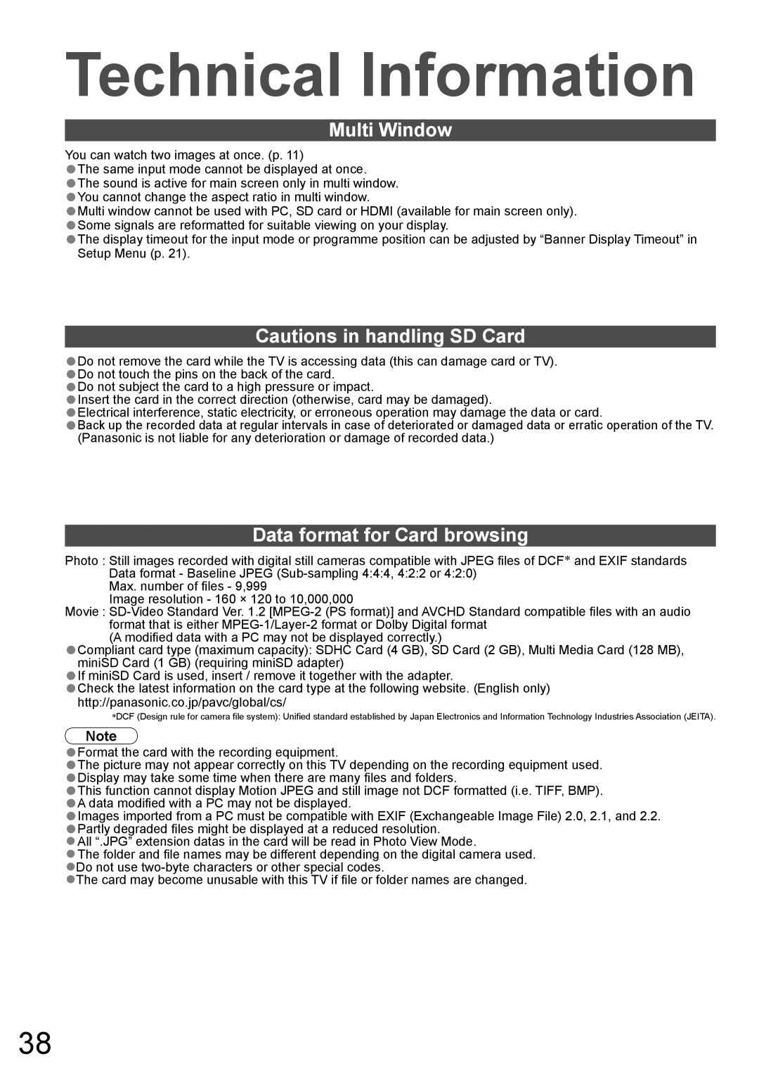 Panasonic TH-58PZ700A operating instructions Multi Window, Data format for Card browsing 