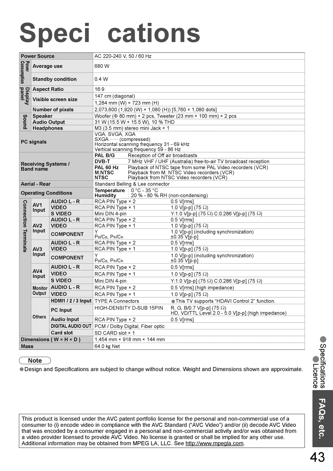 Panasonic TH-58PZ700A operating instructions Speciﬁcations 