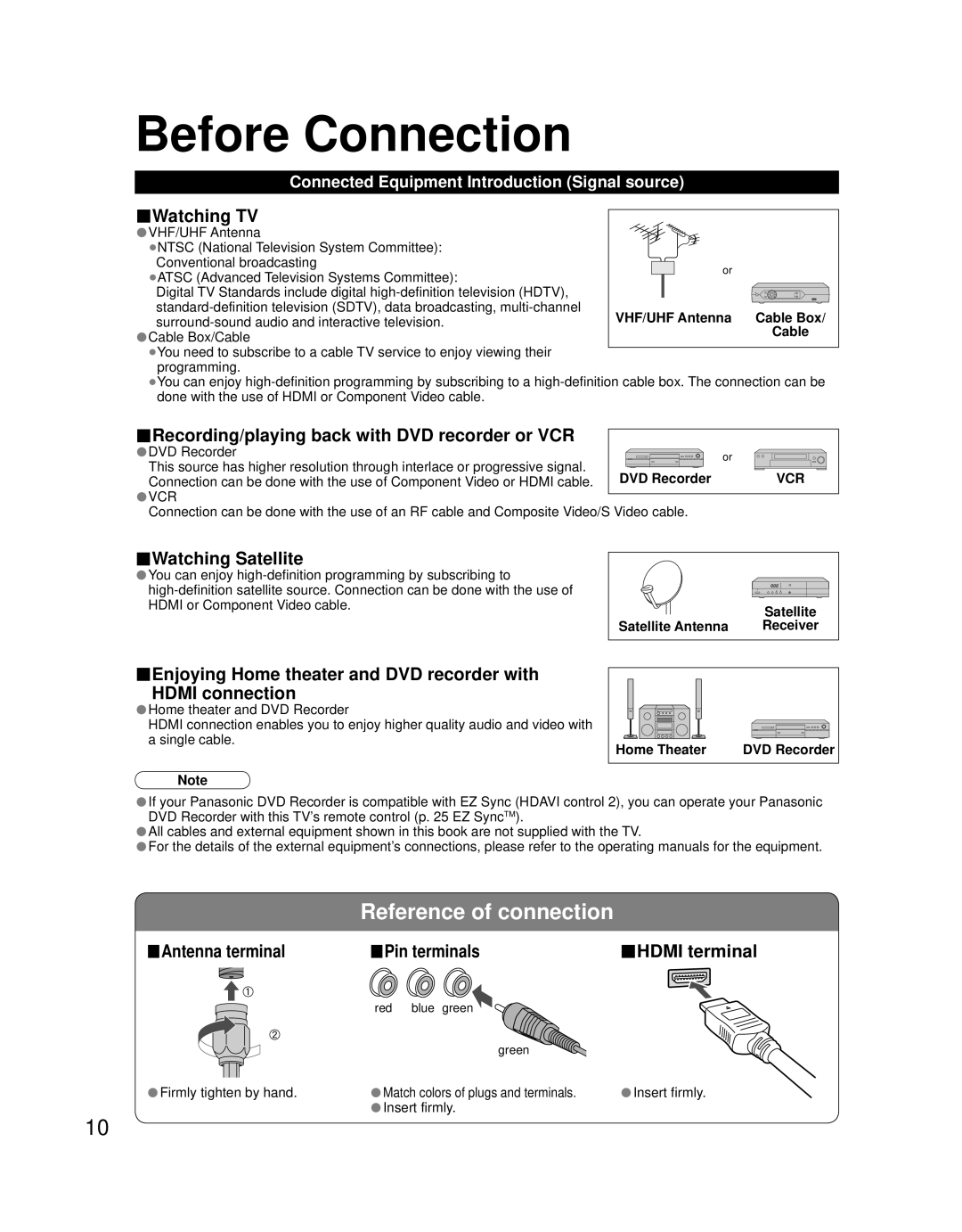 Panasonic TH 58PZ700U, TH 50PZ700U quick start Before Connection, Reference of connection 