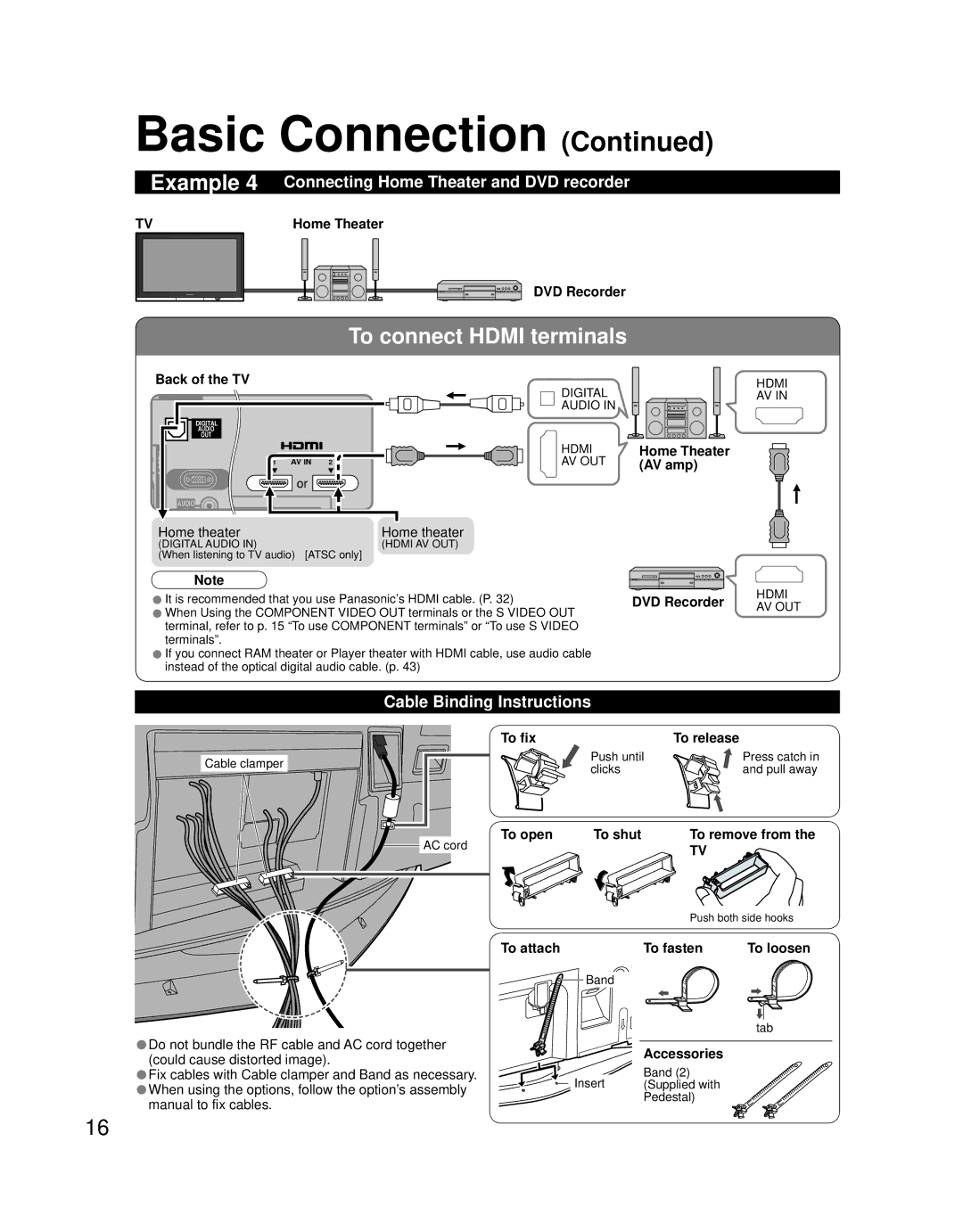 Panasonic TH 58PZ700U To connect Hdmi terminals, Connecting Home Theater and DVD recorder, Cable Binding Instructions 