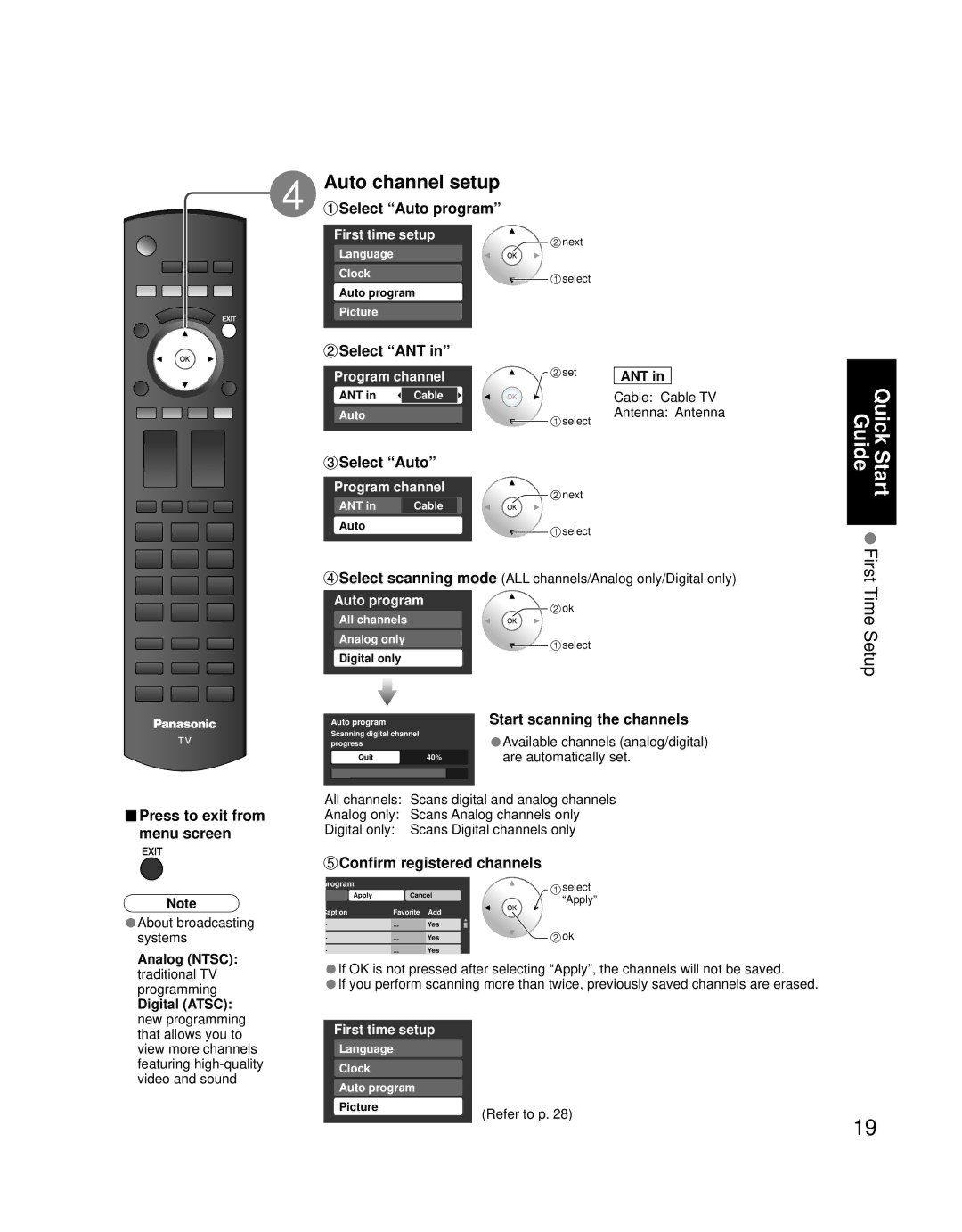 Panasonic TH 50PZ700U, TH 58PZ700U Auto channel setup, Press to exit from menu screen, Confirm registered channels 