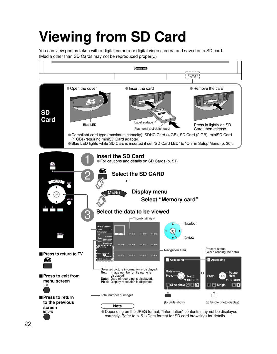 Panasonic TH 58PZ700U Viewing from SD Card, Insert the SD Card, Select the SD Card Display menu Select Memory card 