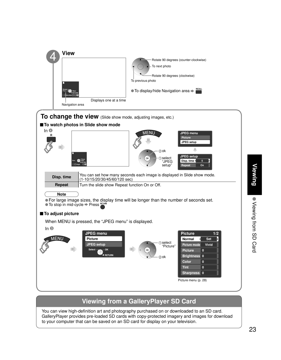 Panasonic TH 50PZ700U Viewing from a GalleryPlayer SD Card, To watch photos in Slide show mode, To adjust picture 