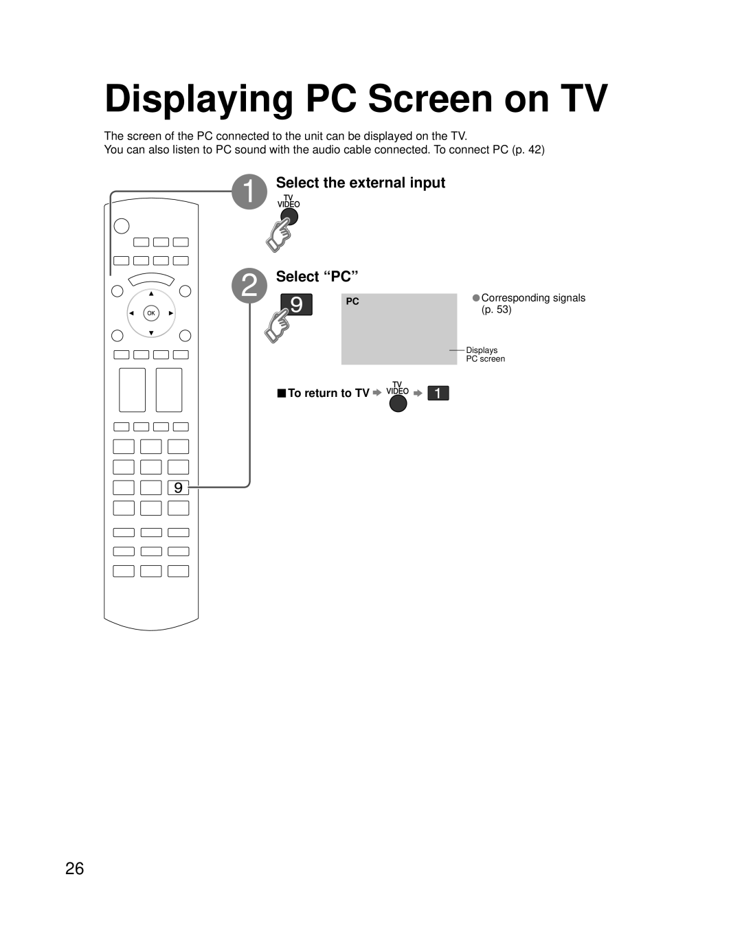 Panasonic TH 58PZ700U, TH 50PZ700U Displaying PC Screen on TV, Select the external input Select PC, To return to TV 