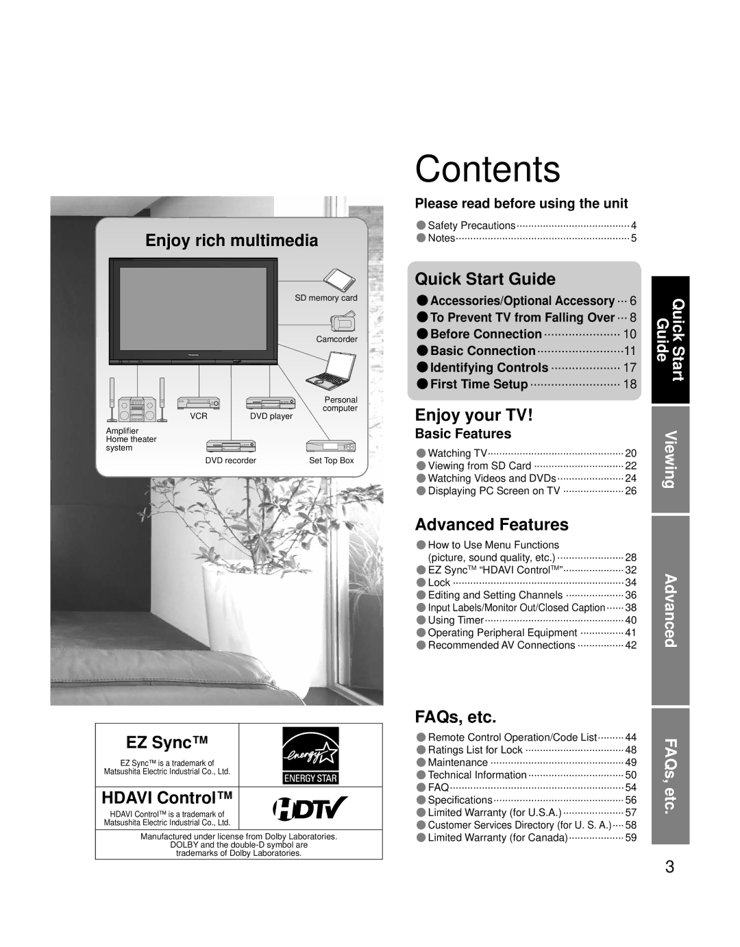 Panasonic TH 50PZ700U, TH 58PZ700U quick start Contents 