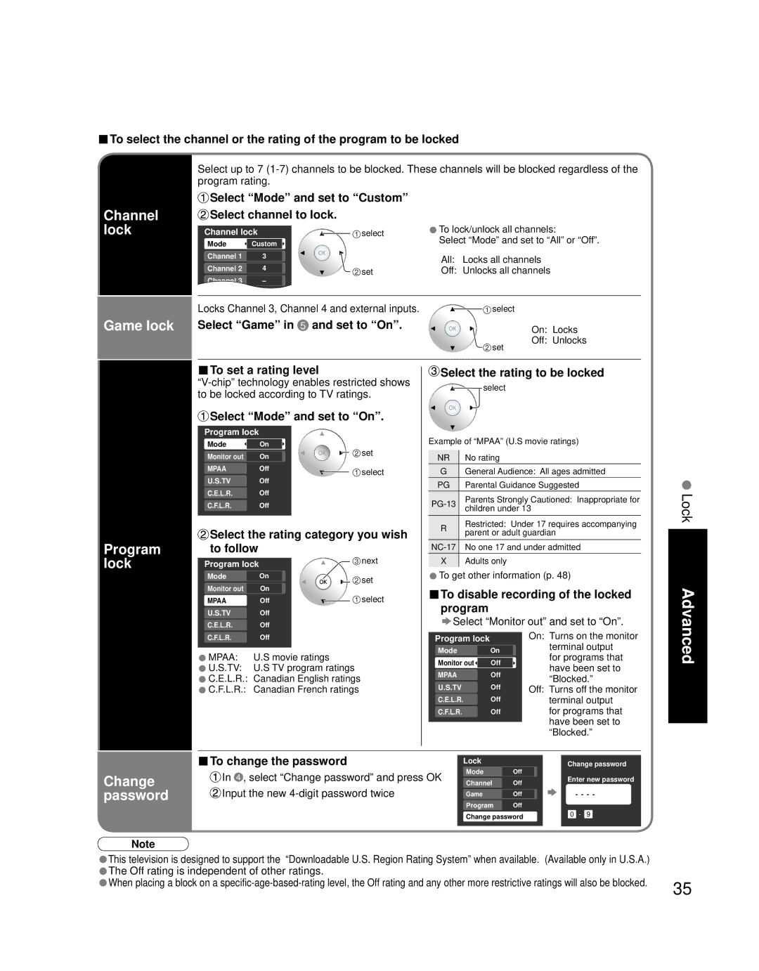 Panasonic TH 50PZ700U, TH 58PZ700U Select Mode and set to Custom, Select Game in 5 and set to On, To set a rating level 