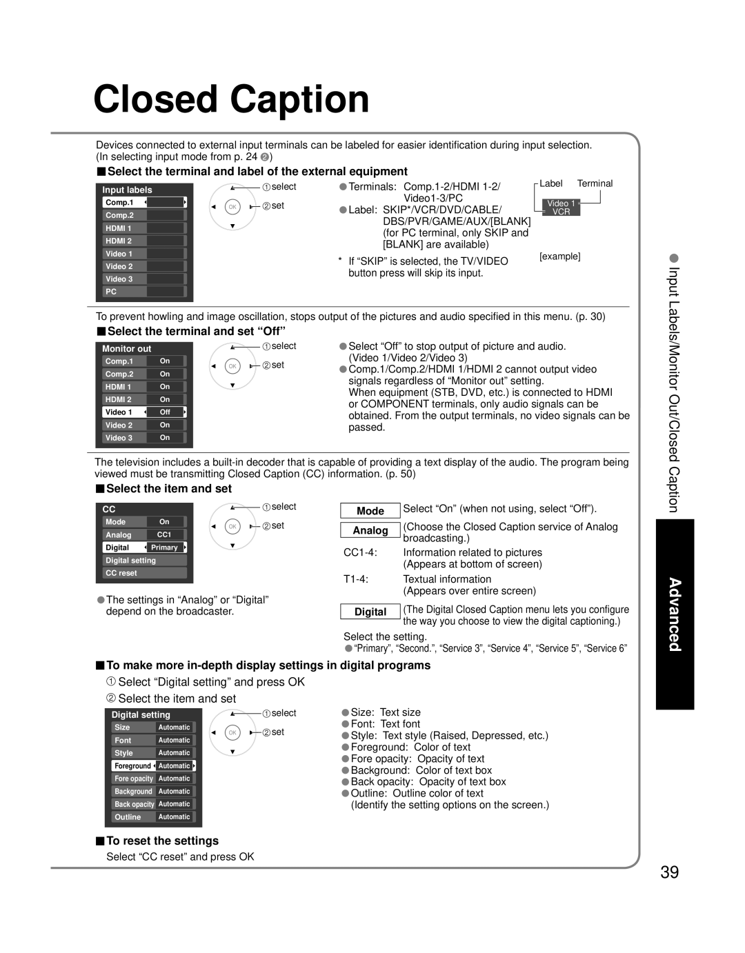 Panasonic TH 50PZ700U Closed Caption, Select the terminal and label of the external equipment, Select the item and set 