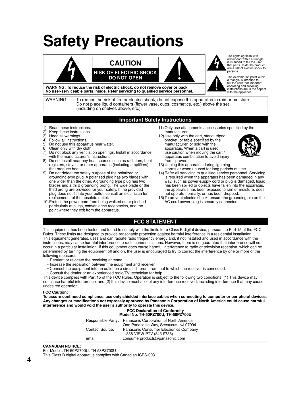 Panasonic TH 58PZ700U, TH 50PZ700U quick start Safety Precautions, Important Safety Instructions 