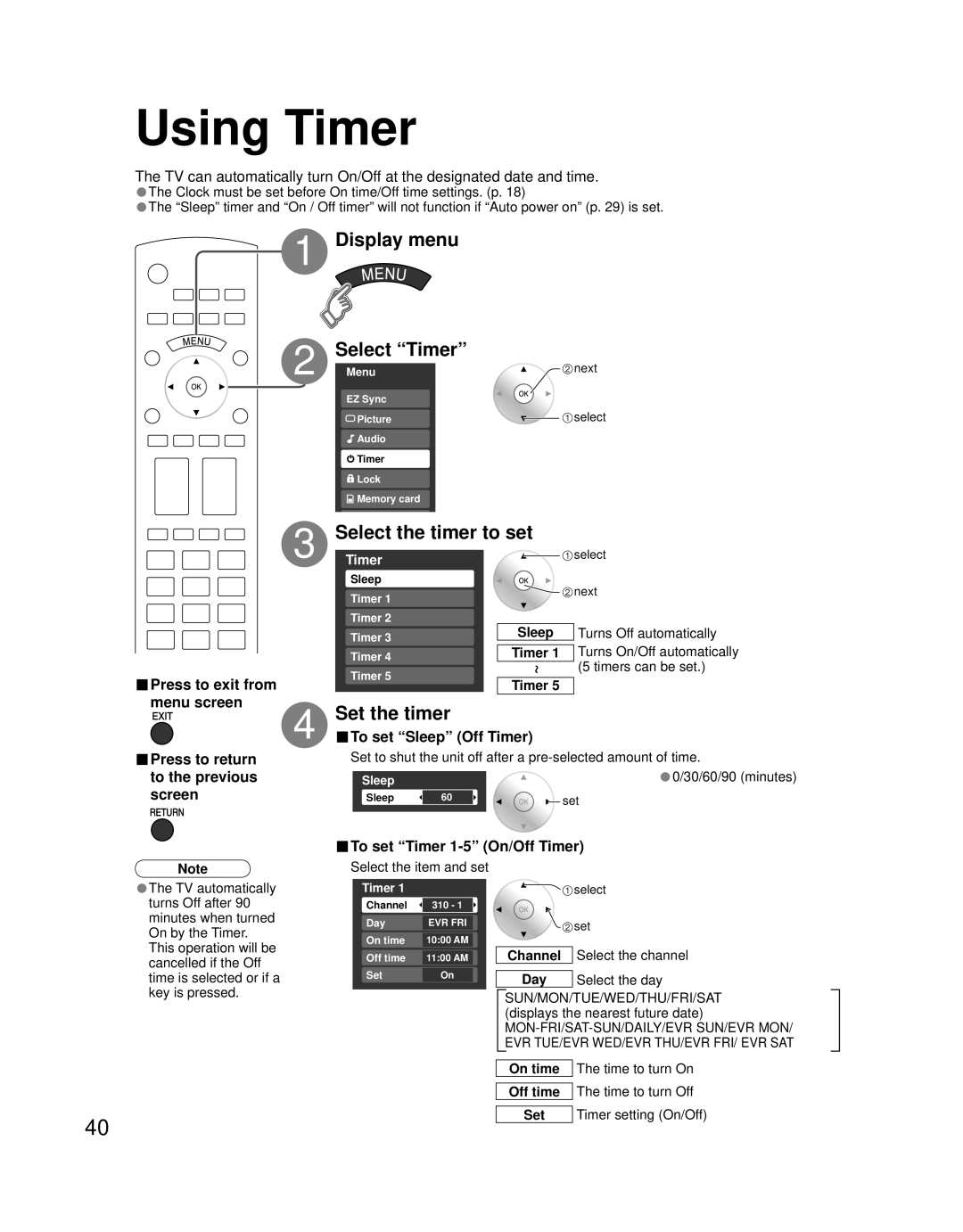 Panasonic TH 58PZ700U, TH 50PZ700U Using Timer, Display menu Select Timer, Select the timer to set, Set the timer 