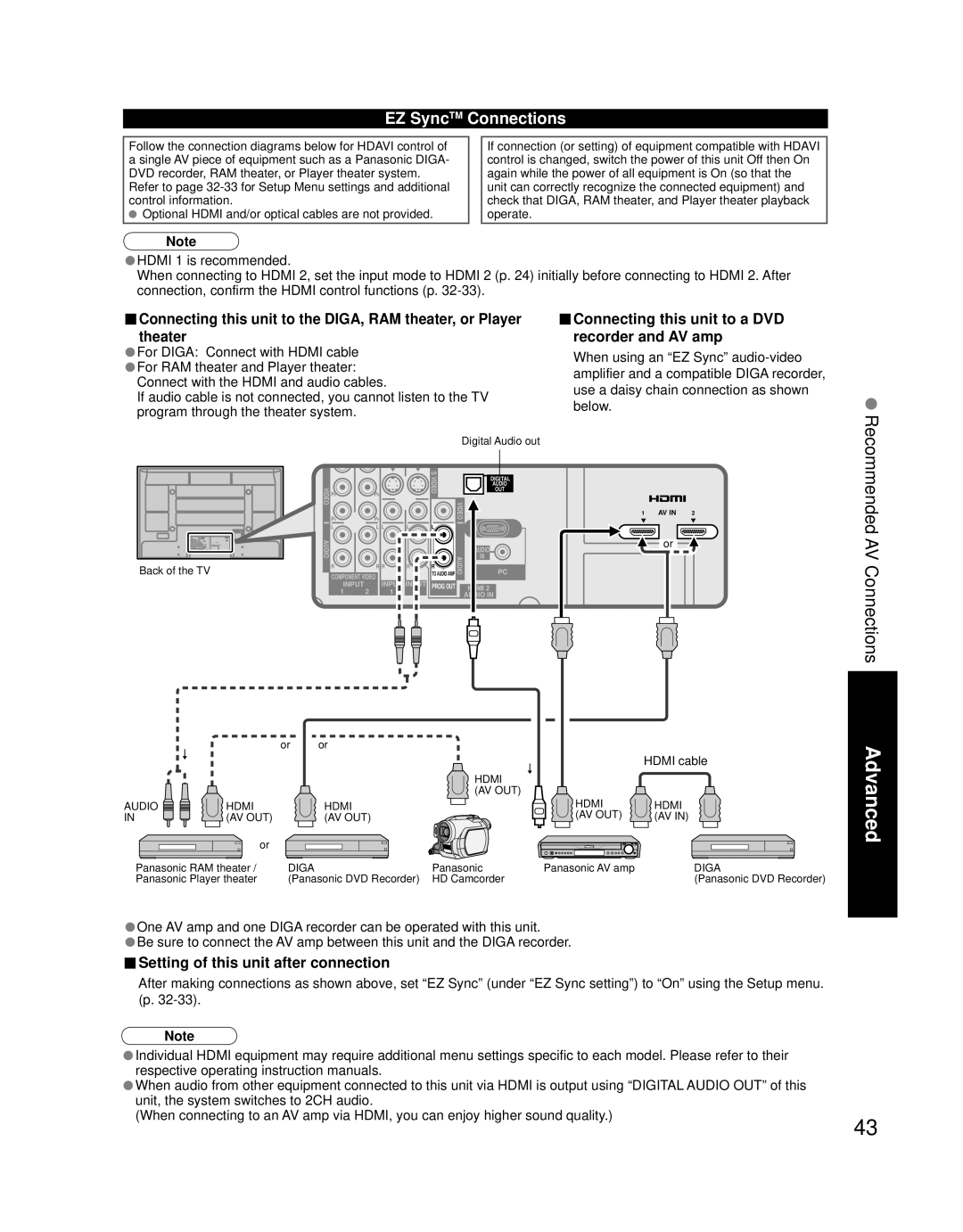 Panasonic TH 50PZ700U, TH 58PZ700U quick start EZ SyncTM Connections, Connecting this unit to a DVD recorder and AV amp 