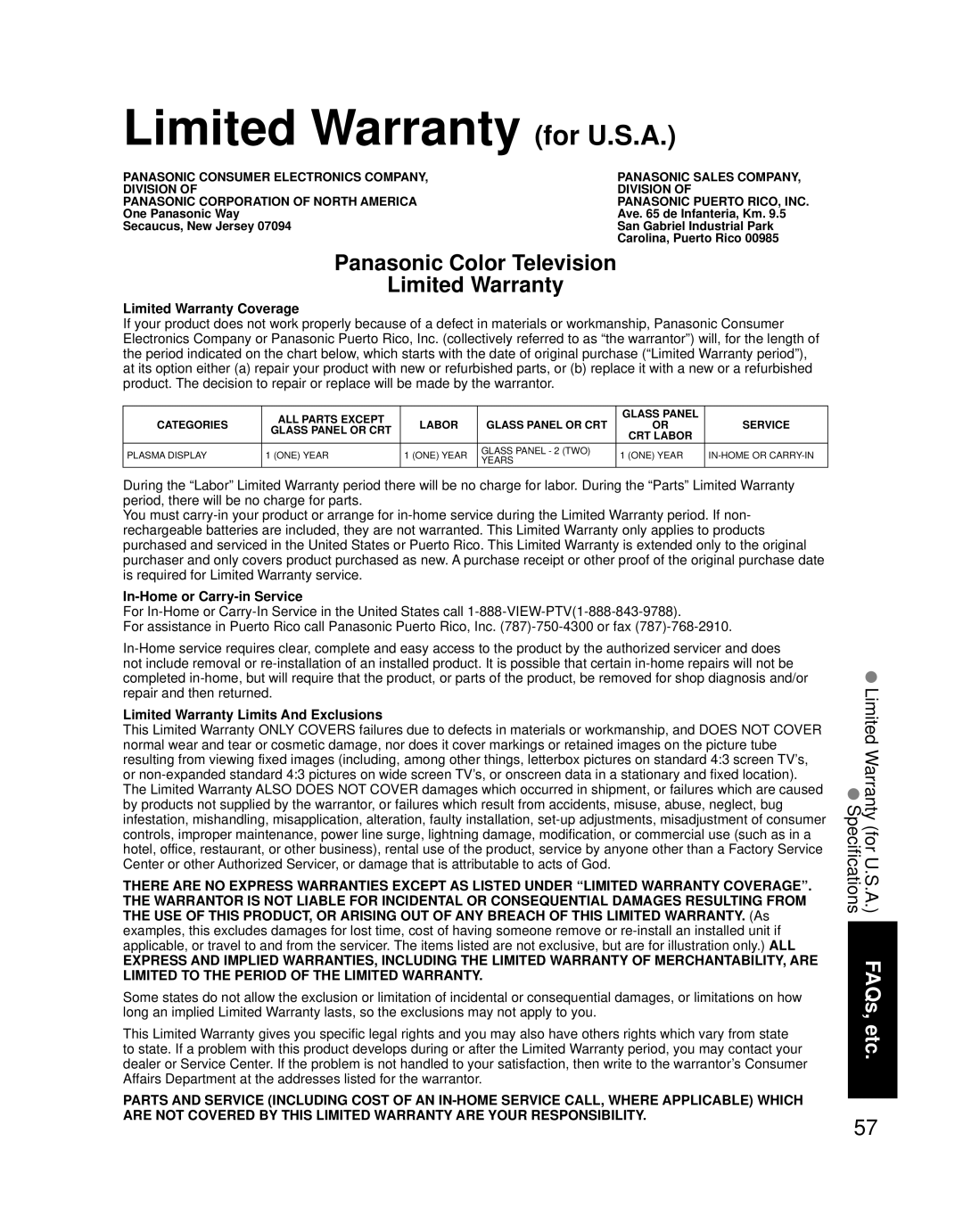 Panasonic TH 50PZ700U, TH 58PZ700U Limited Warranty for U.S.A, Limited Warranty Coverage, In-Home or Carry-in Service 