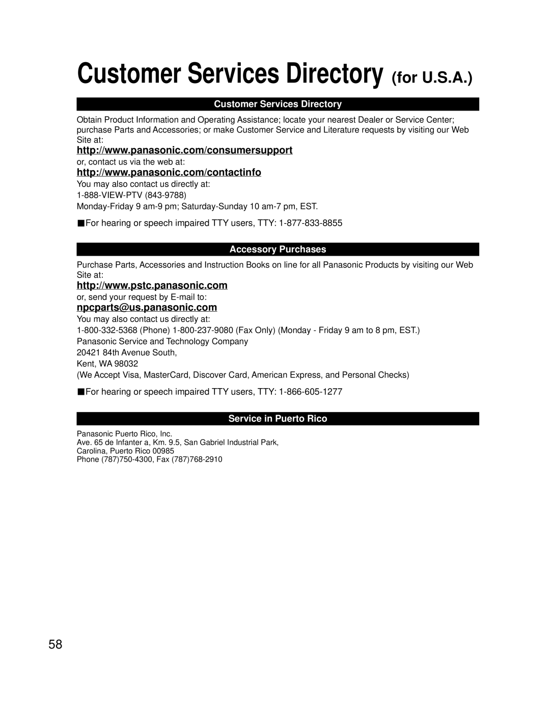 Panasonic TH 58PZ700U Npcparts@us.panasonic.com, Customer Services Directory, Accessory Purchases, Service in Puerto Rico 