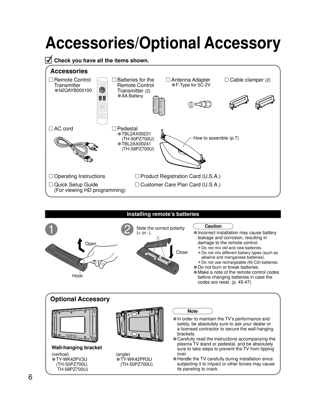 Panasonic TH 58PZ700U, TH 50PZ700U Accessories/Optional Accessory, Installing remote’s batteries, Wall-hanging bracket 